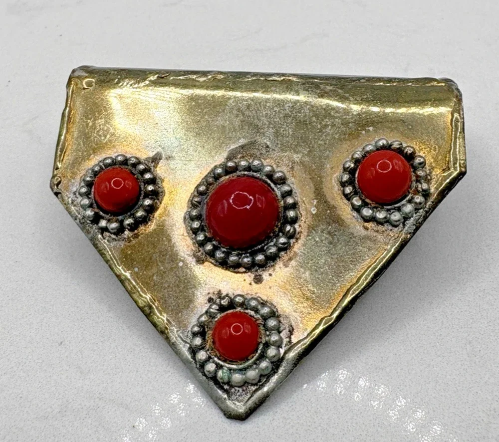 Large Antique Yemeni Brass Coral Hand Made Pendant Judaica Folk Tribal Gypsy Art